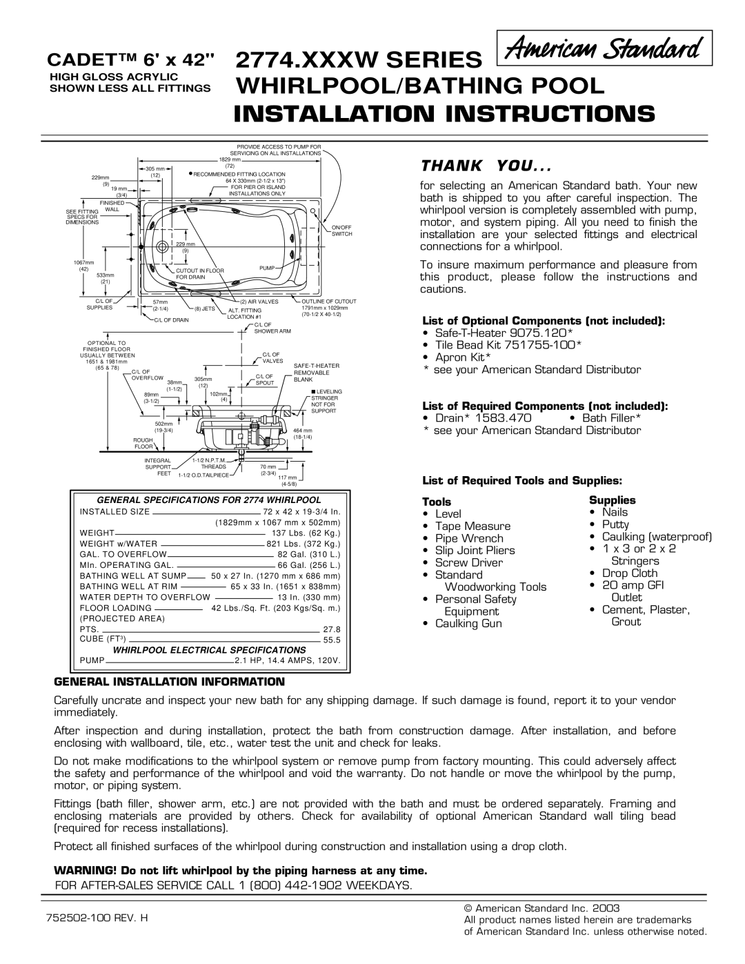 American Standard 2774.XXXW installation instructions Thank YOU, General Installation Information 