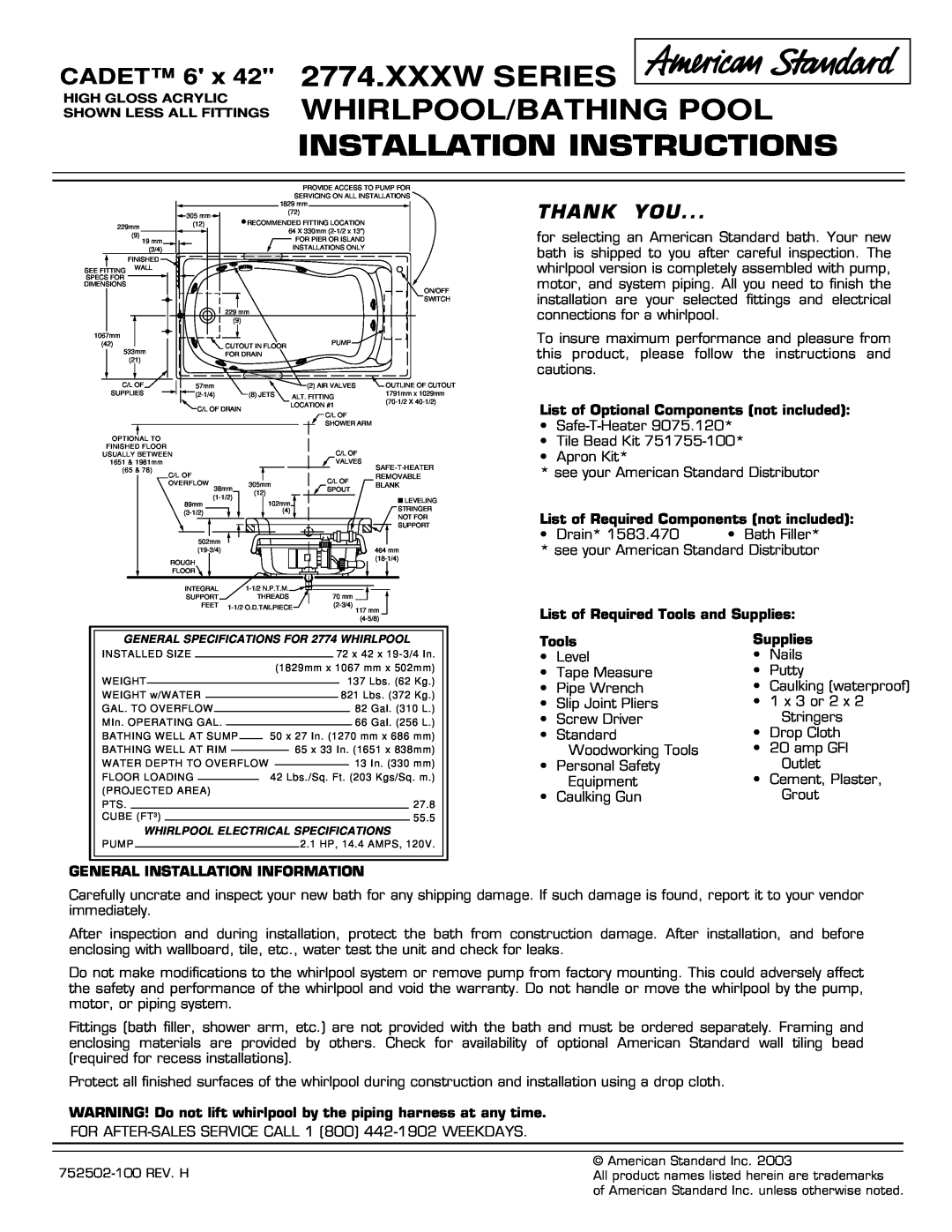American Standard 2774.XXXW installation instructions Xxxw Series Whirlpool/Bathing Pool, Installation Instructions, Tools 
