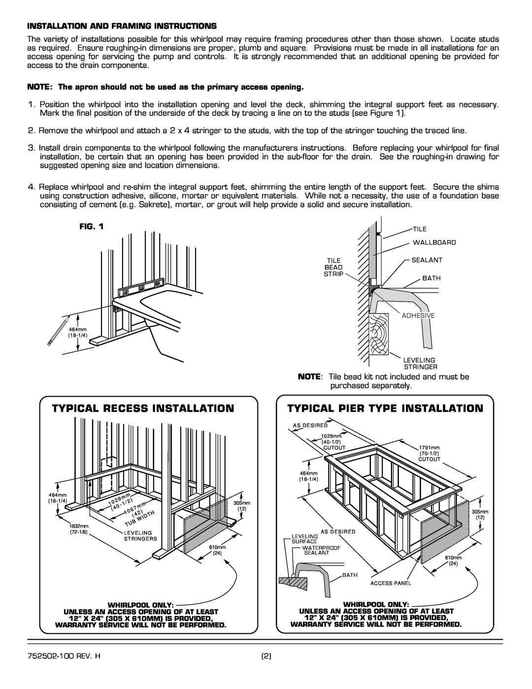 American Standard 2774.XXXW installation instructions Typical Recess Installation, Typical Pier Type Installation 