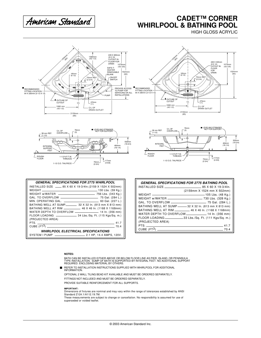 American Standard 2775.002, 2775.018W General Specifications for 2775 Whirlpool, Whirlpool Electrical Specifications 