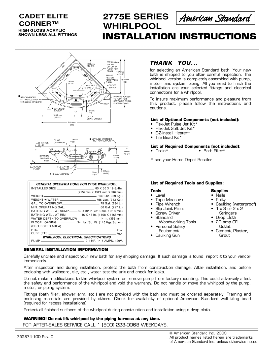 American Standard 2775E SERIES installation instructions 2775E Series Whirlpool Installation Instructions 