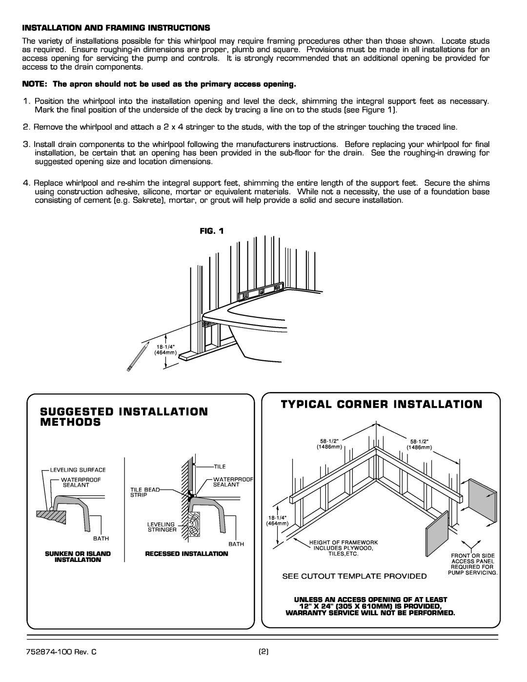 American Standard 2775E SERIES installation instructions Suggested Installation Methods, Typical Corner Installation, Fig 