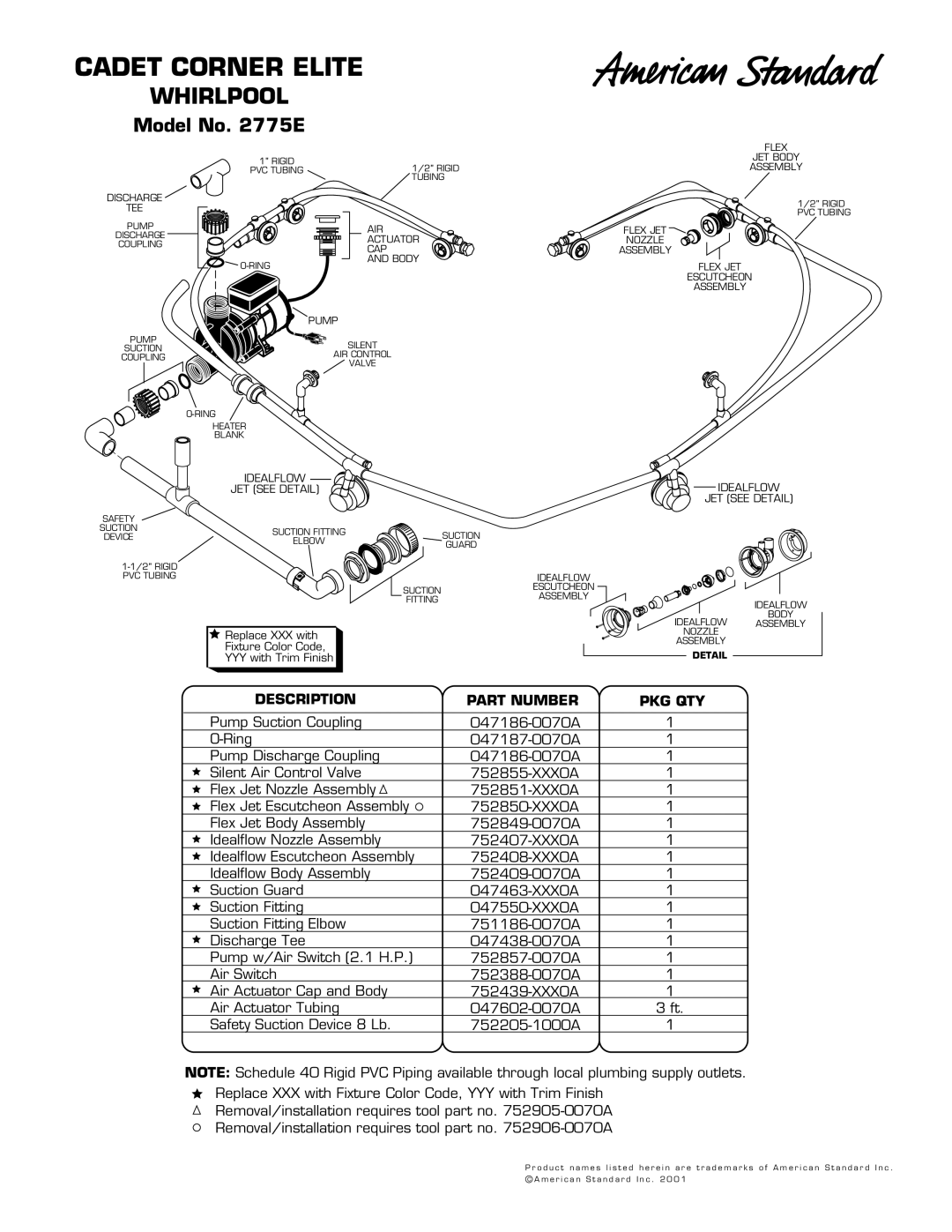 American Standard 2775E manual Cadet Corner Elite, Whirlpool, Model No E, Description Part Number PKG QTY 