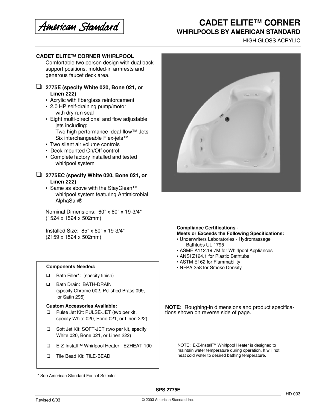 American Standard 2775EC dimensions Cadet Elite Corner, Whirlpools by American Standard 