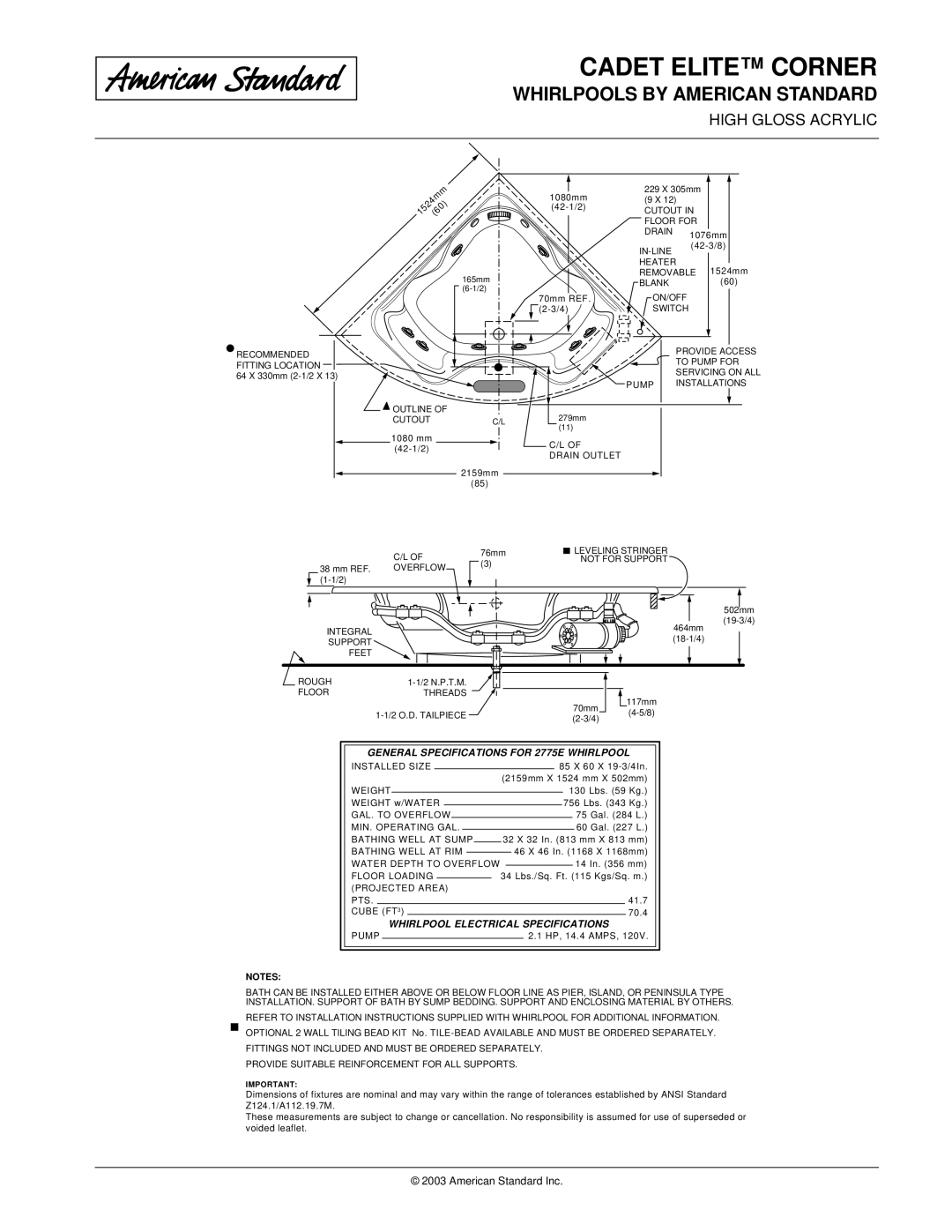 American Standard 2775EC dimensions General Specifications for 2775E Whirlpool, Whirlpool Electrical Specifications 