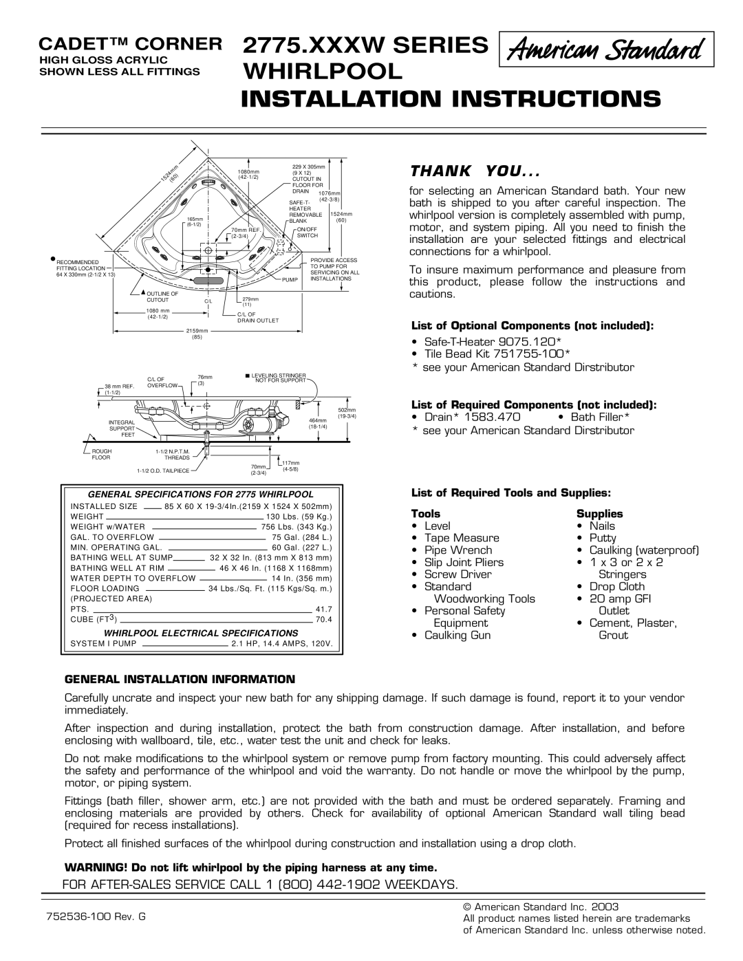 American Standard 2775.XXXW Series installation instructions Xxxw Series Whirlpool Installation Instructions 