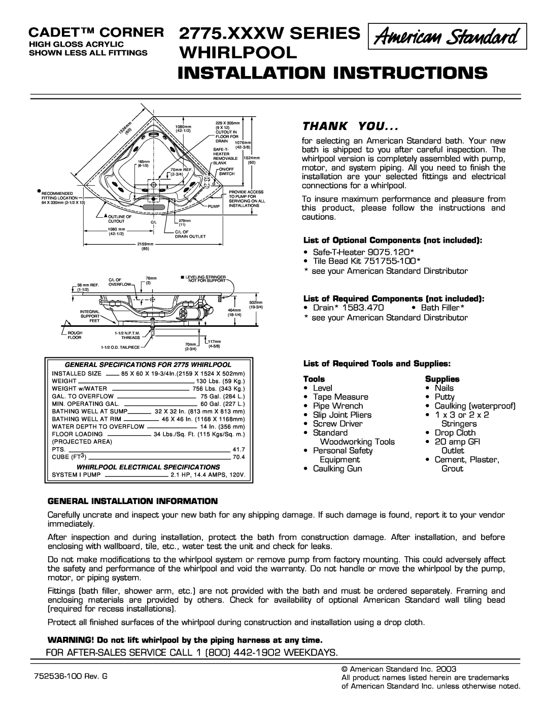 American Standard 2775.XXXW Series installation instructions Xxxw Series Whirlpool, Installation Instructions, Thank You 