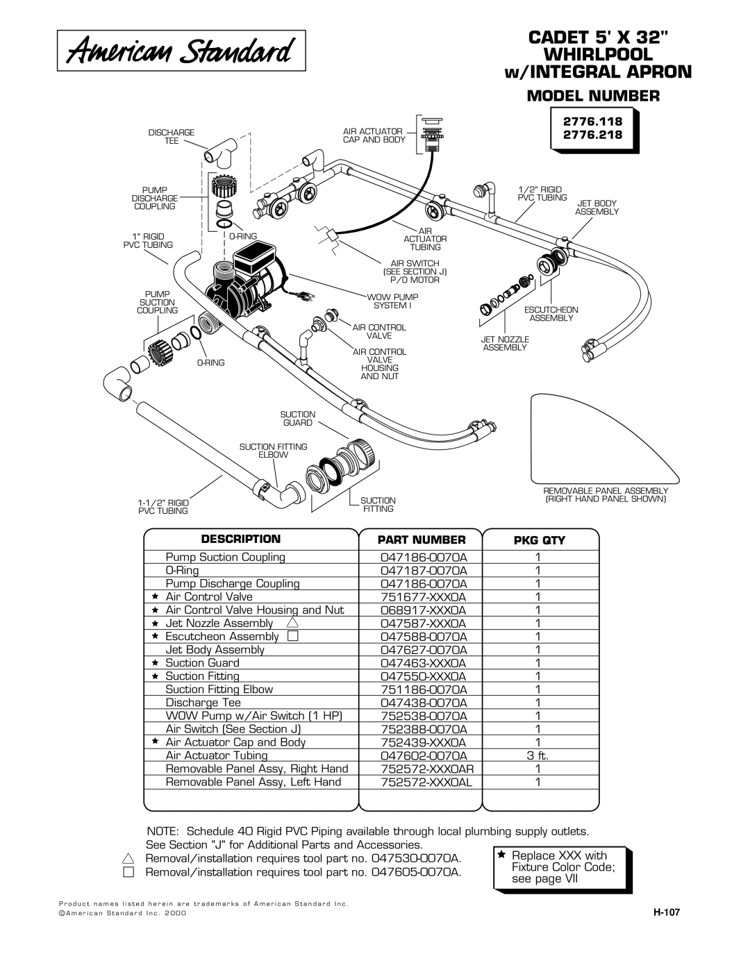 American Standard 2776.118 manual Cadet 5 X, Whirlpool, Integral Apron, Model Number, Description Part Number PKG QTY 