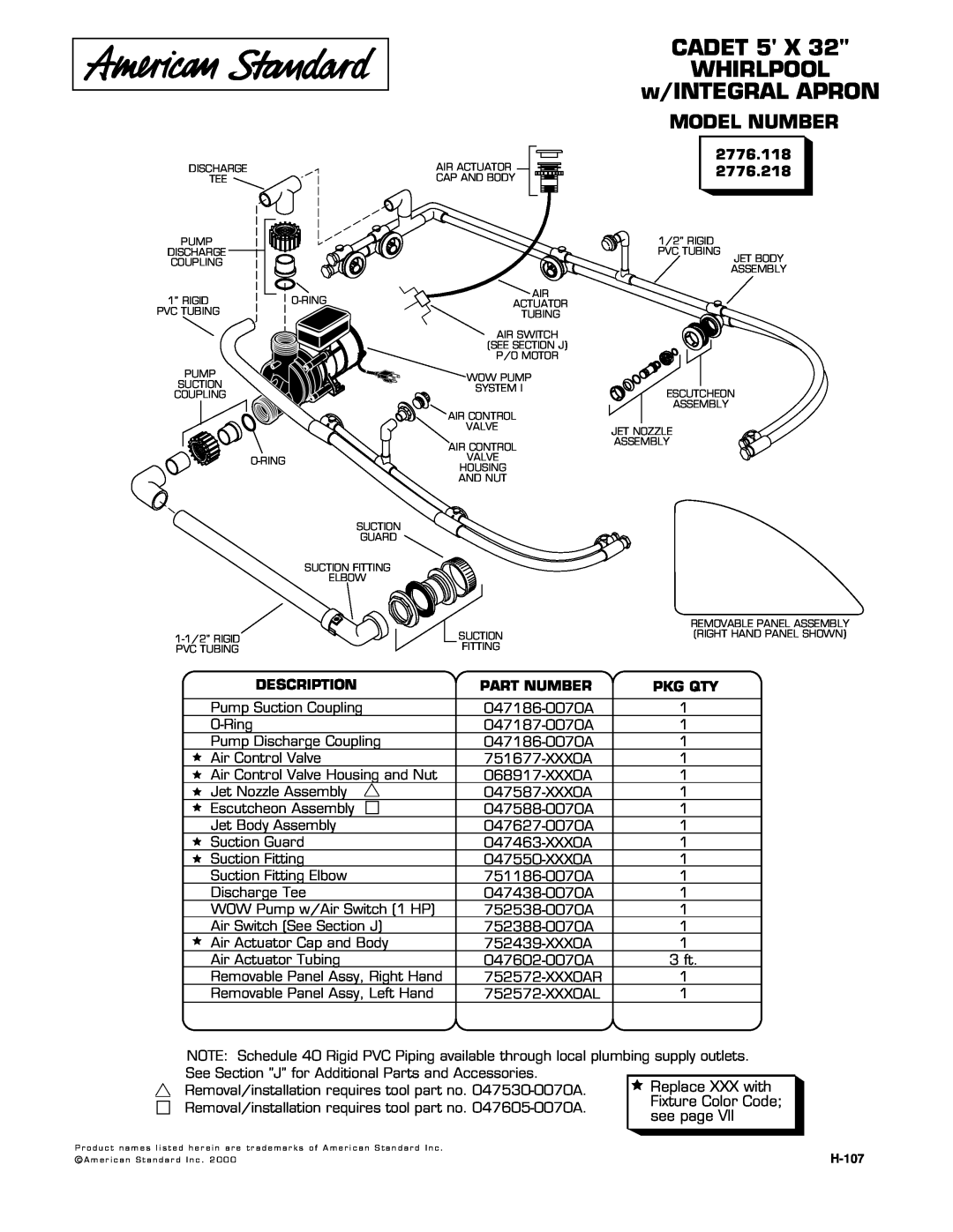 American Standard 2776.118 manual CADET 5 X WHIRLPOOL w/INTEGRAL APRON, Model Number, Description, Part Number, Pkg Qty 