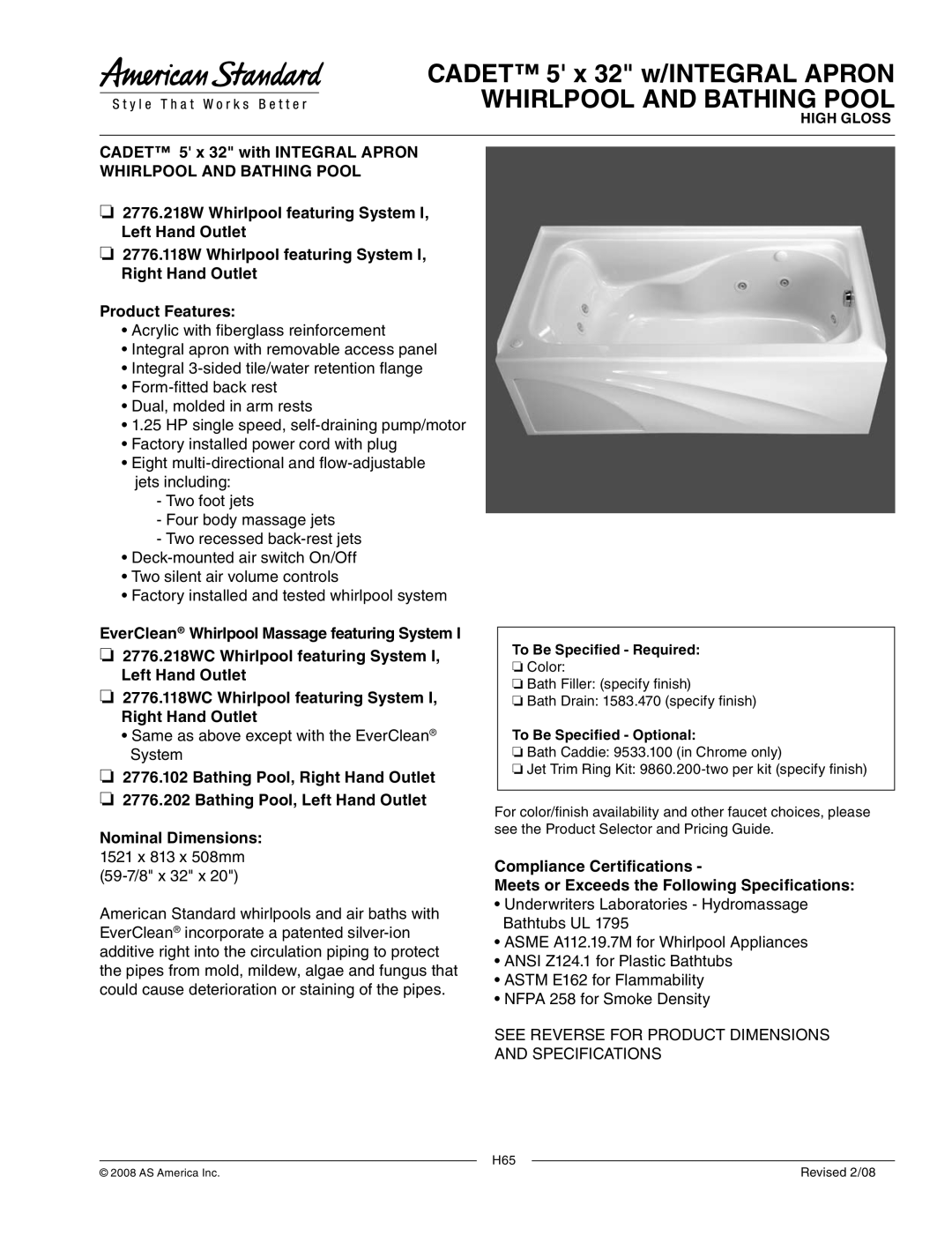 American Standard 2776.118W dimensions Cadet 5 x 32 w/INTEGRAL Apron Whirlpool and Bathing Pool, To Be Specified Required 