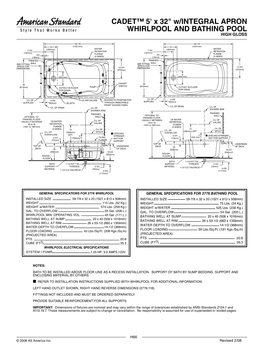 American Standard 2776.218W Cadet 5 x 32 w/INTEGRAL Apron, Whirlpool and Bathing Pool, Whirlpool Electrical Specifications 