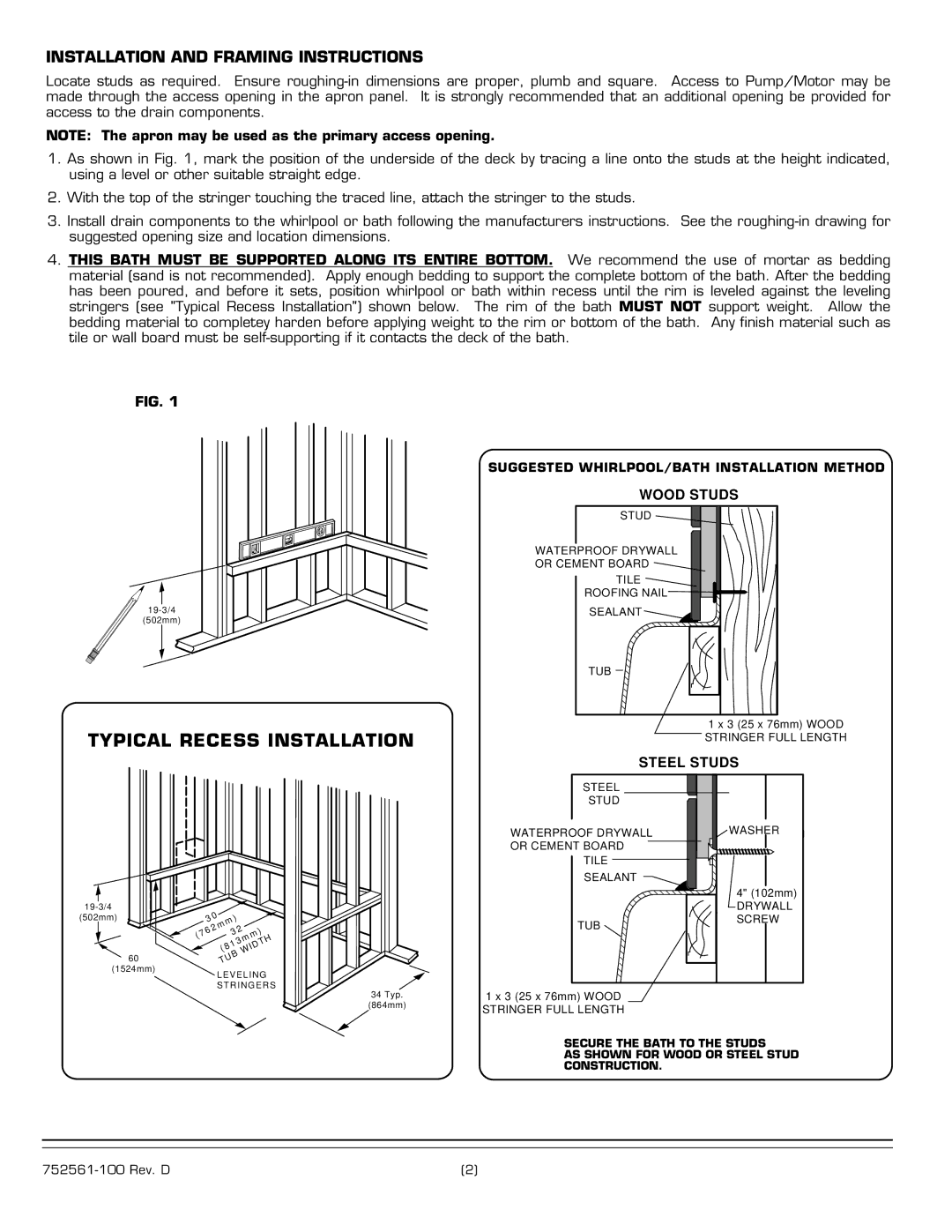 American Standard 2776.XXXW Series installation instructions Installation and Framing Instructions, Wood Studs, Steel Studs 