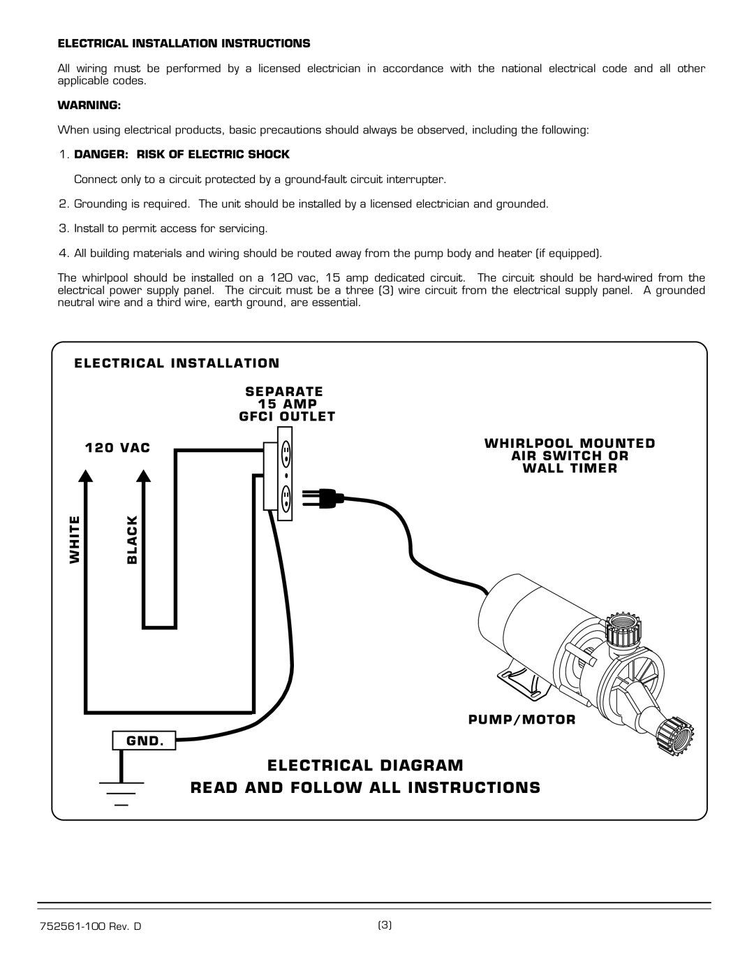 American Standard 2776.XXXW Series Electrical Installation Separate, Gfci Outlet, Whirlpool Mounted, AIR Switch or 