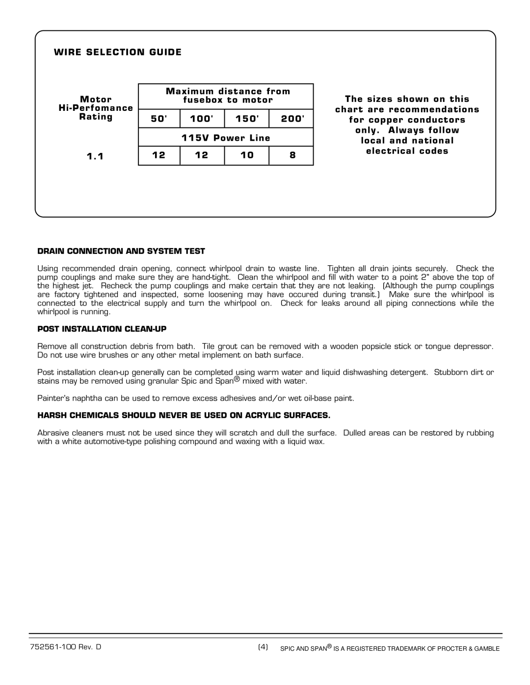 American Standard 2776.XXXW Series Wire Selection Guide, Drain Connection and System Test, Post Installation CLEAN-UP 