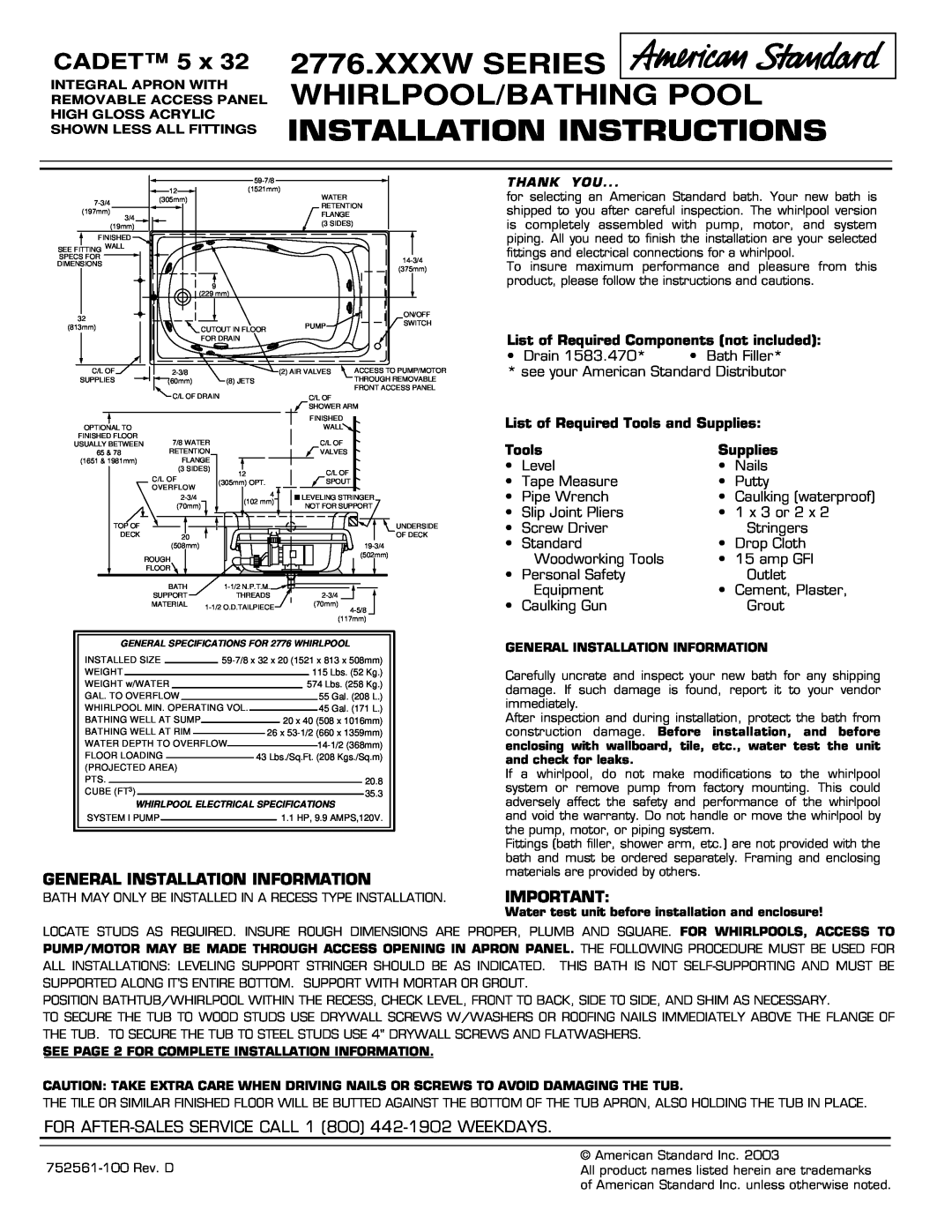 American Standard 2776.XXXW Series installation instructions Xxxw Series Whirlpool/Bathing Pool, Installation Instructions 