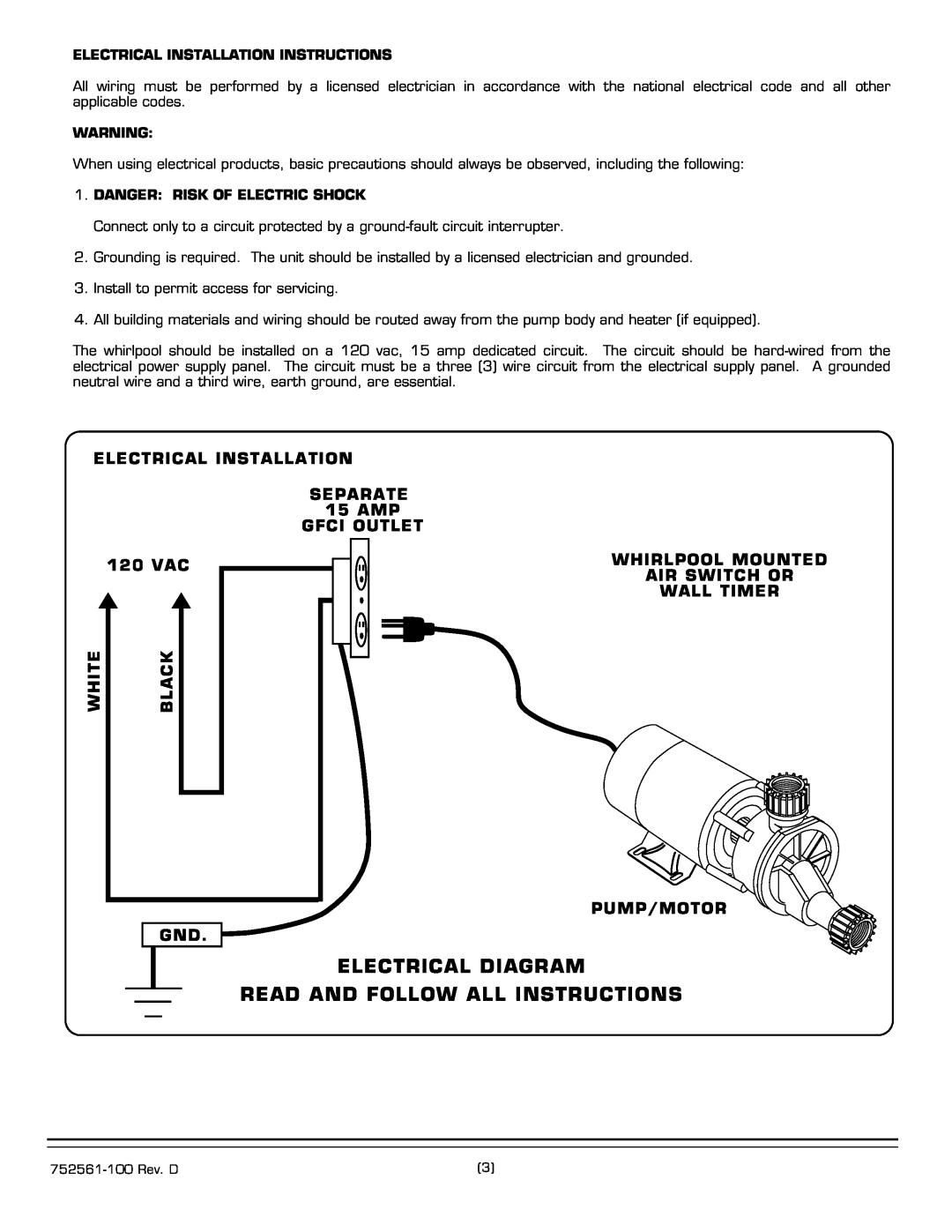 American Standard 2776.XXXW Series Electrical Diagram, Read And Follow All Instructions, Gfci Outlet, 120 VAC, Wall Timer 