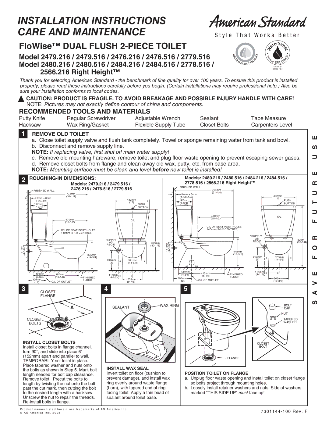 American Standard 2778.516 installation instructions Recommended Tools and Materials, V E F O R F U T U R E U S E 