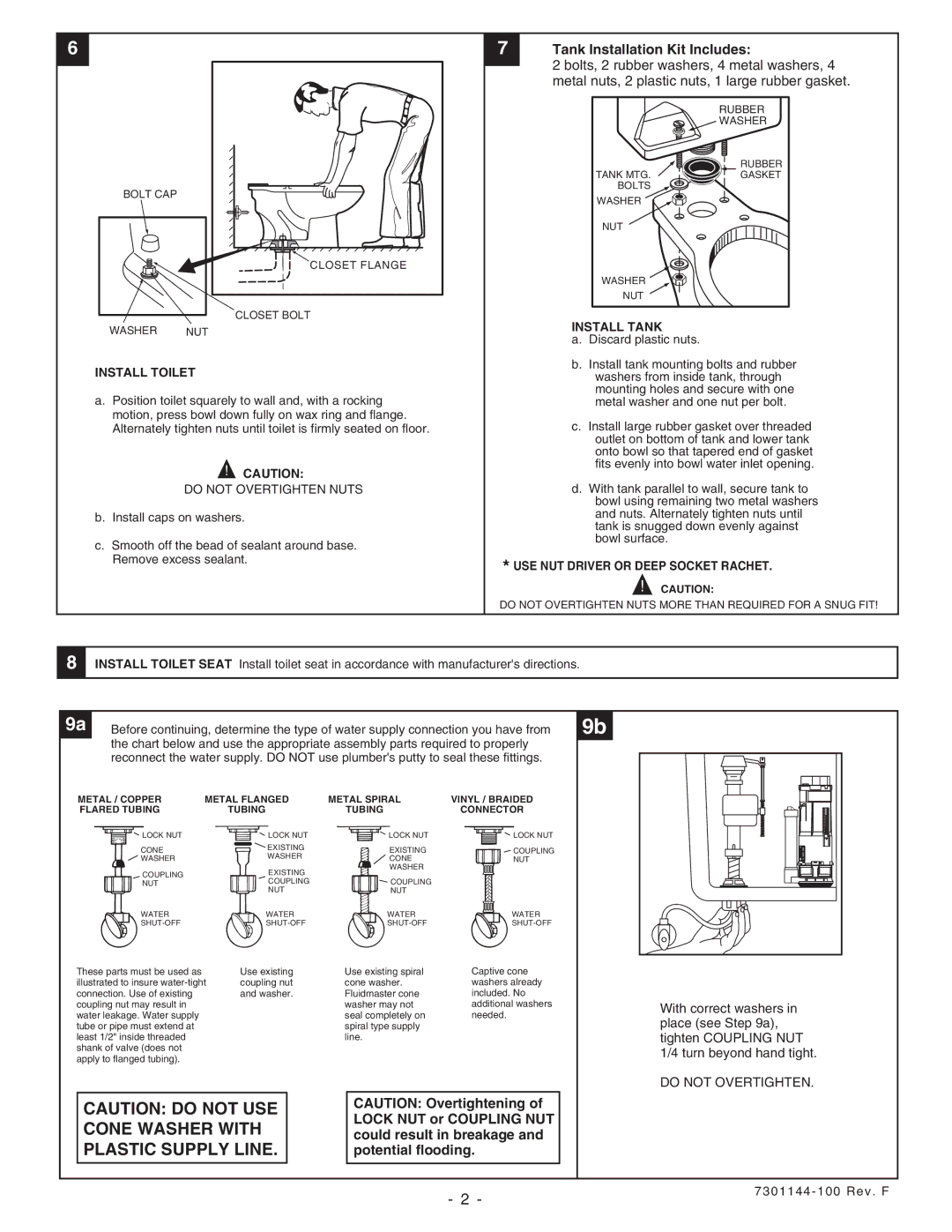 American Standard 2484.216, 2779.516 Tank Installation Kit Includes, Lock NUT or Coupling NUT, Could result in breakage 