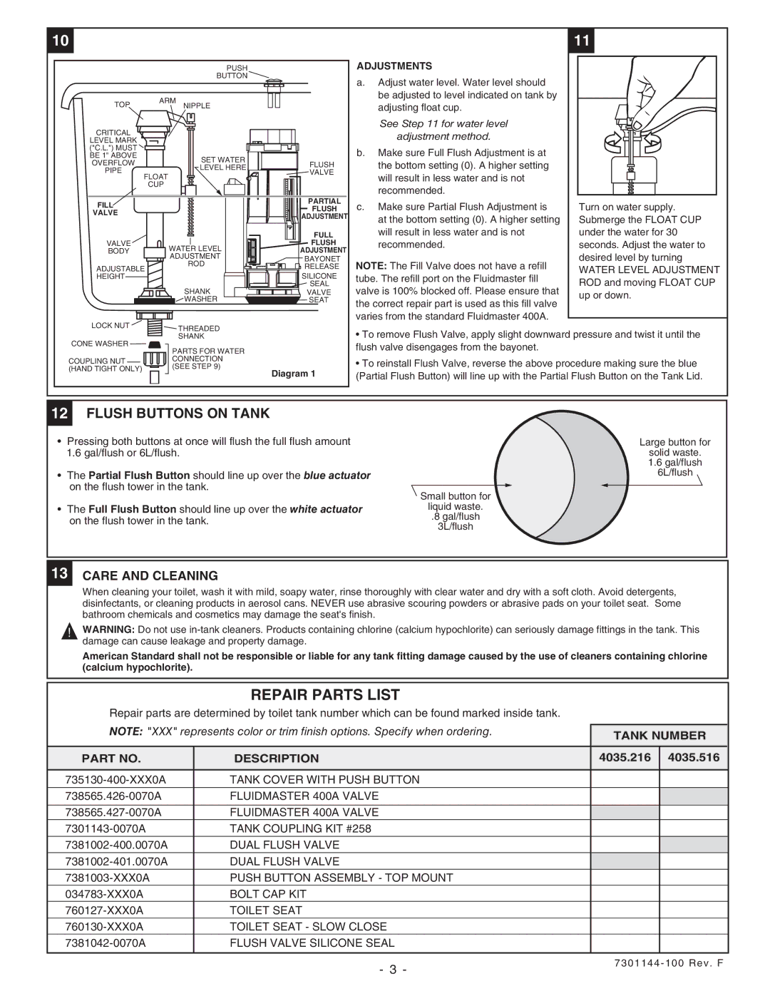 American Standard 2484.516, 2779.516, 2778.516, 2484.216, 2480.216, 2480.516 Repair Parts List, 4035.216 4035.516, Adjustments 