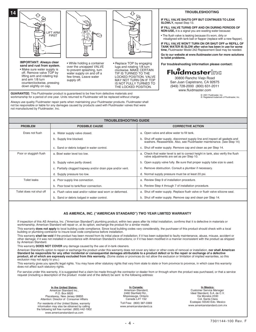 American Standard 2480.216, 2779.516, 2778.516, 2484.216, 2484.516, 2480.516, 2566.216, 2479.516 Troubleshooting Guide 