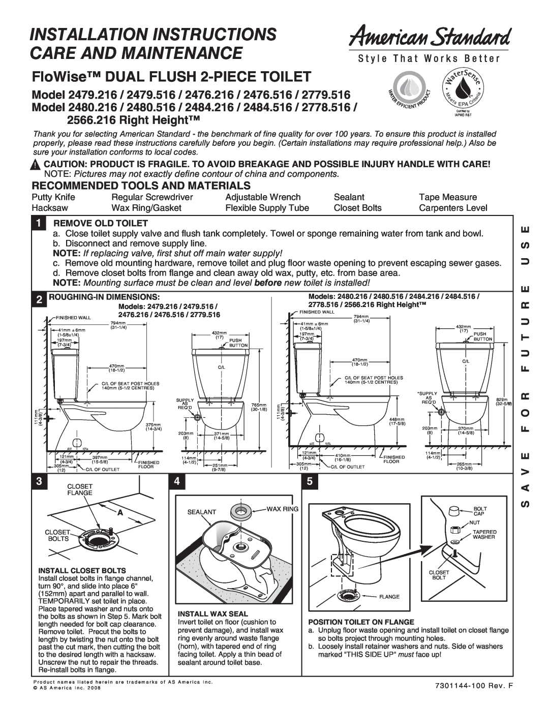 American Standard 2778.516 installation instructions Recommended Tools And Materials, S A V E F O R F U T U R E U S E 