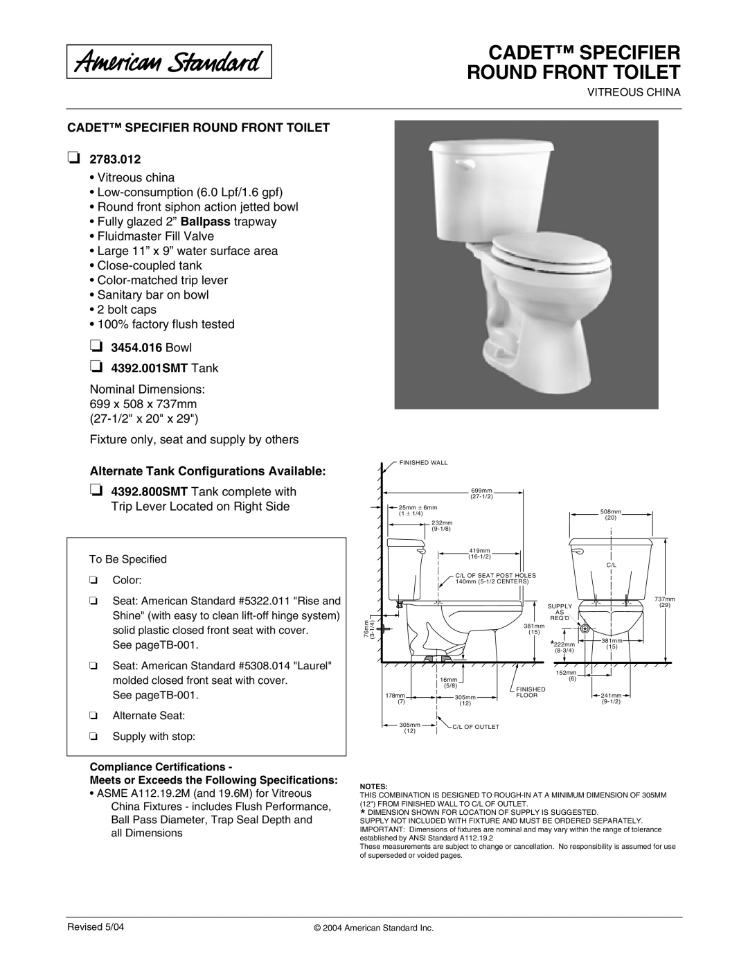 American Standard 2783.012 dimensions Cadet Specifier Round Front Toilet, Bowl 4392.001SMT Tank 