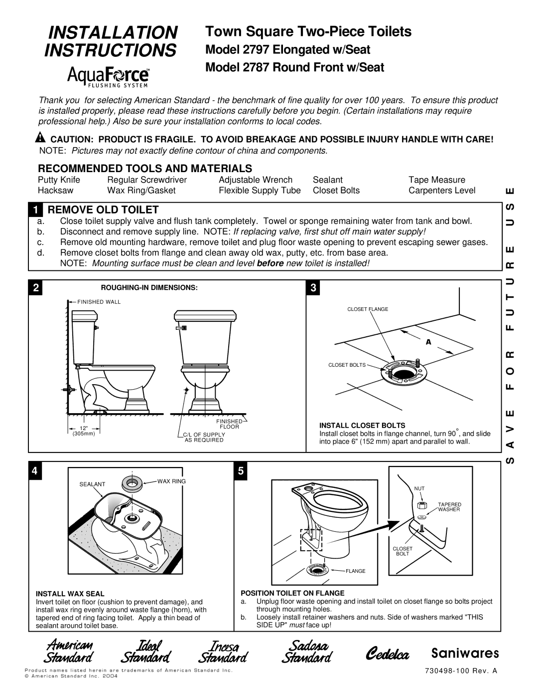 American Standard 2787 installation instructions Recommended Tools and Materials, Remove OLD Toilet, E U S E 