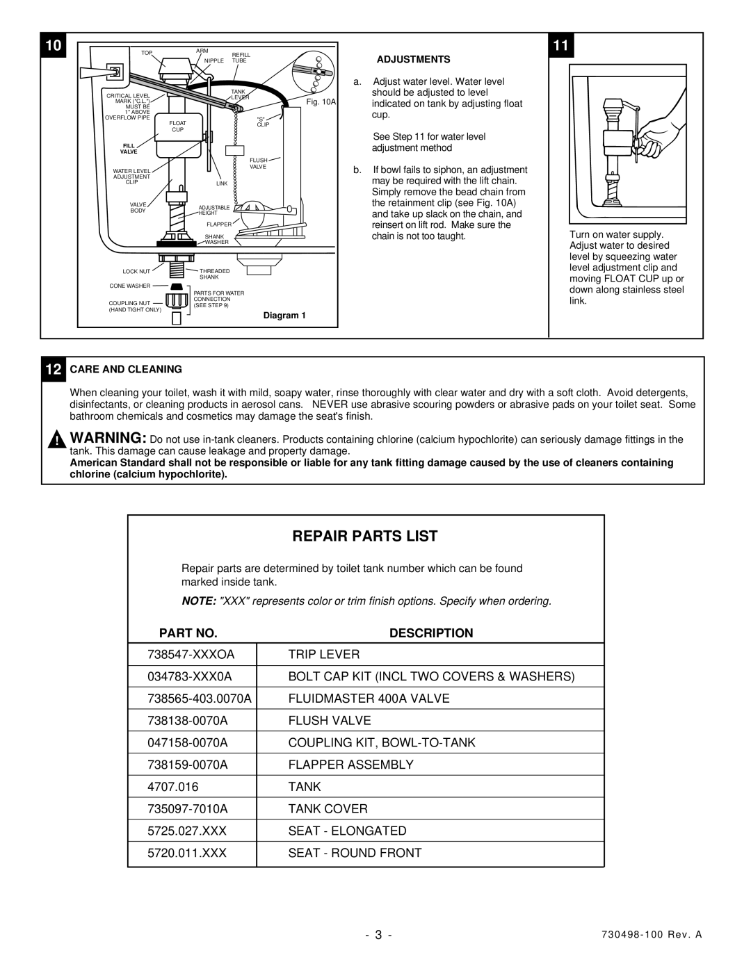 American Standard 2787 installation instructions Repair Parts List, Adjustments, Care and Cleaning 