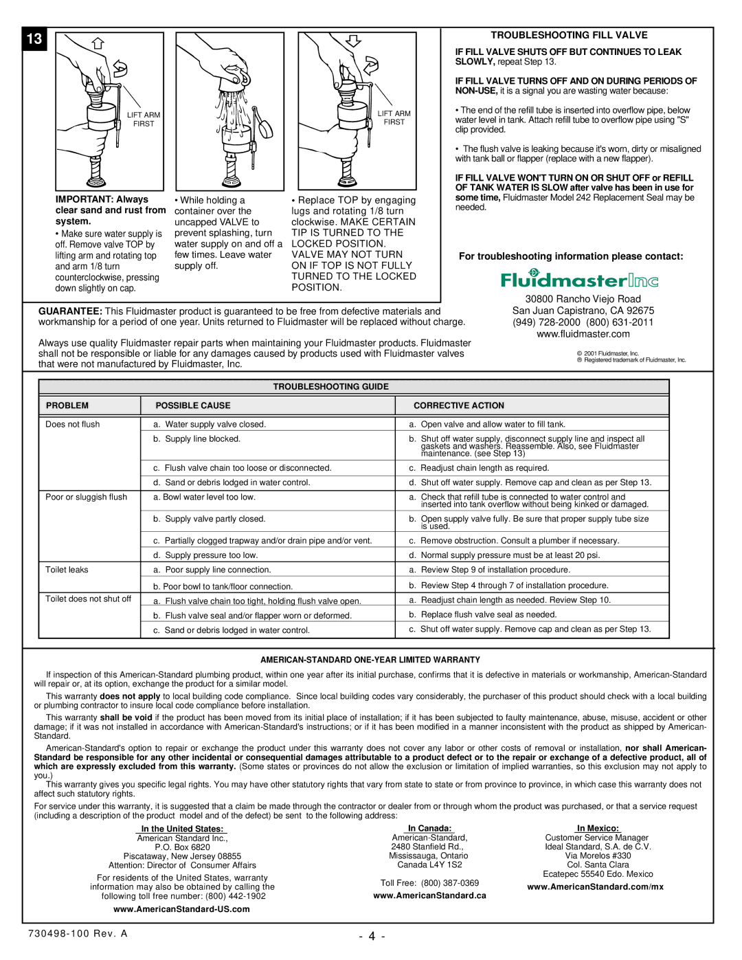 American Standard 2787 installation instructions Troubleshooting Fill Valve 