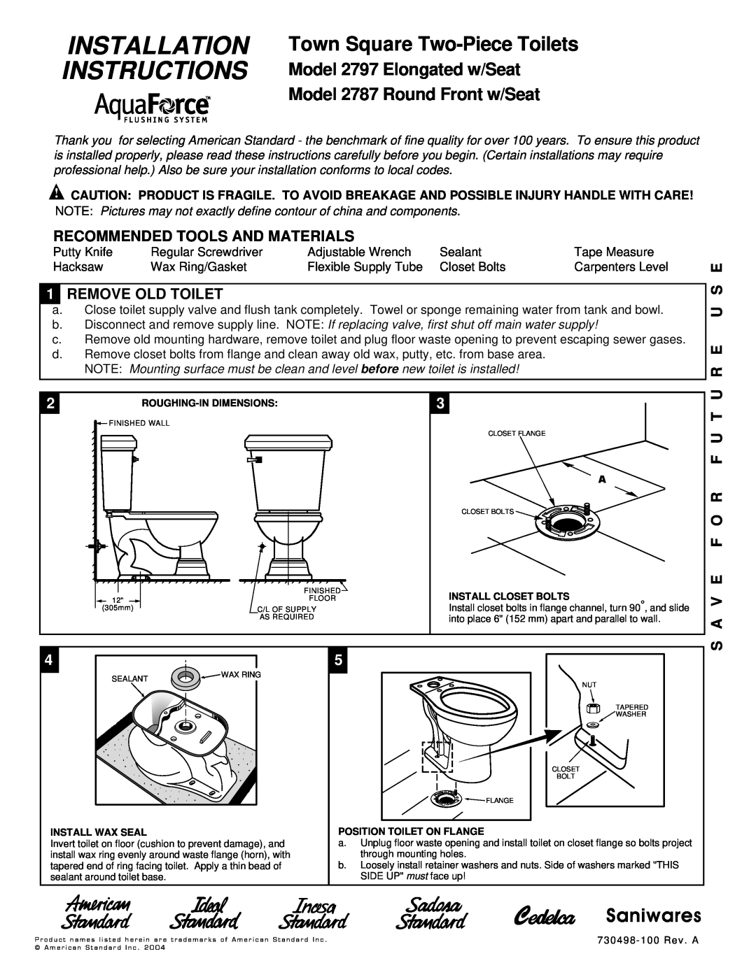 American Standard 2787 installation instructions Recommended Tools And Materials, 1REMOVE OLD TOILET, U R E U S E 
