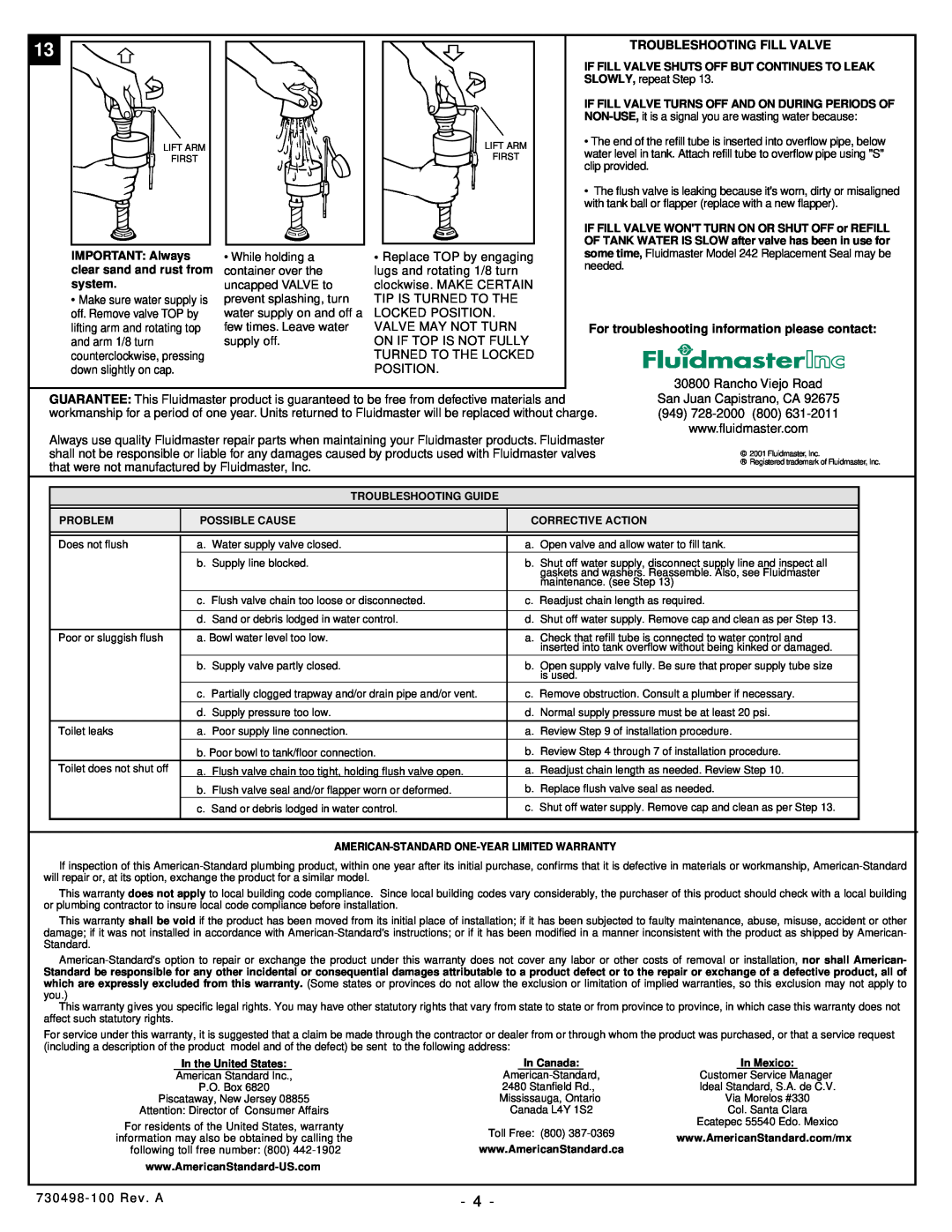 American Standard 2787 installation instructions Troubleshooting Fill Valve, For troubleshooting information please contact 