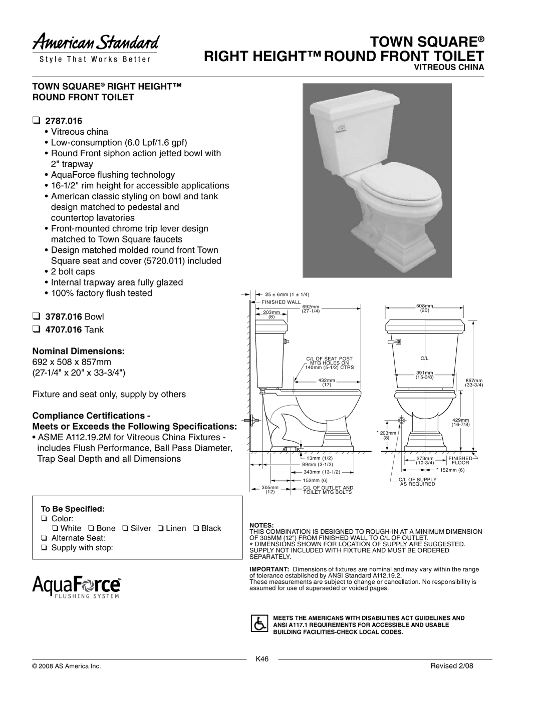 American Standard 3787.016 dimensions Town Square Right Height Round Front Toilet, 2787.016, Bowl Tank Nominal Dimensions 