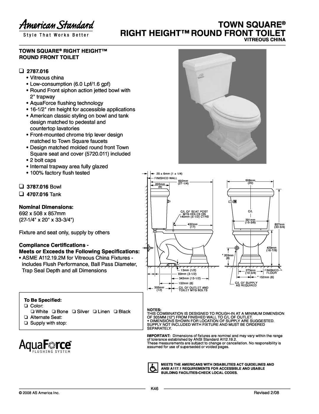 American Standard 3787.016 dimensions Town Square Right Height Round Front Toilet, 2787.016, Compliance Certifications 