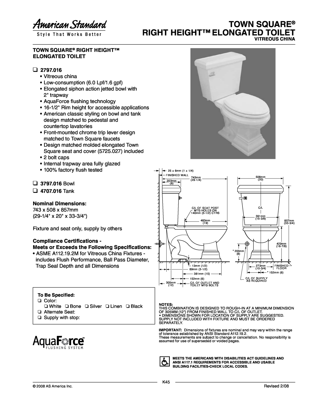 American Standard 3797.016 dimensions Town Square Right Height Elongated Toilet, 2797.016, Compliance Certifications 