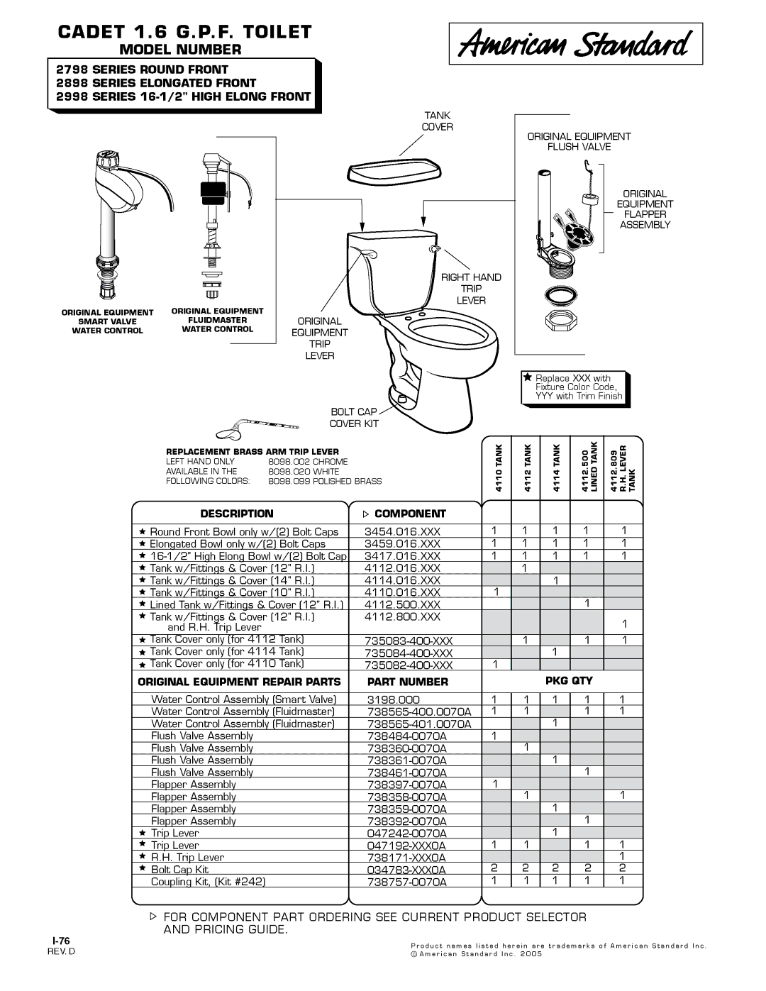 American Standard 2898 Series, 2798 Series, 2998 Series manual 