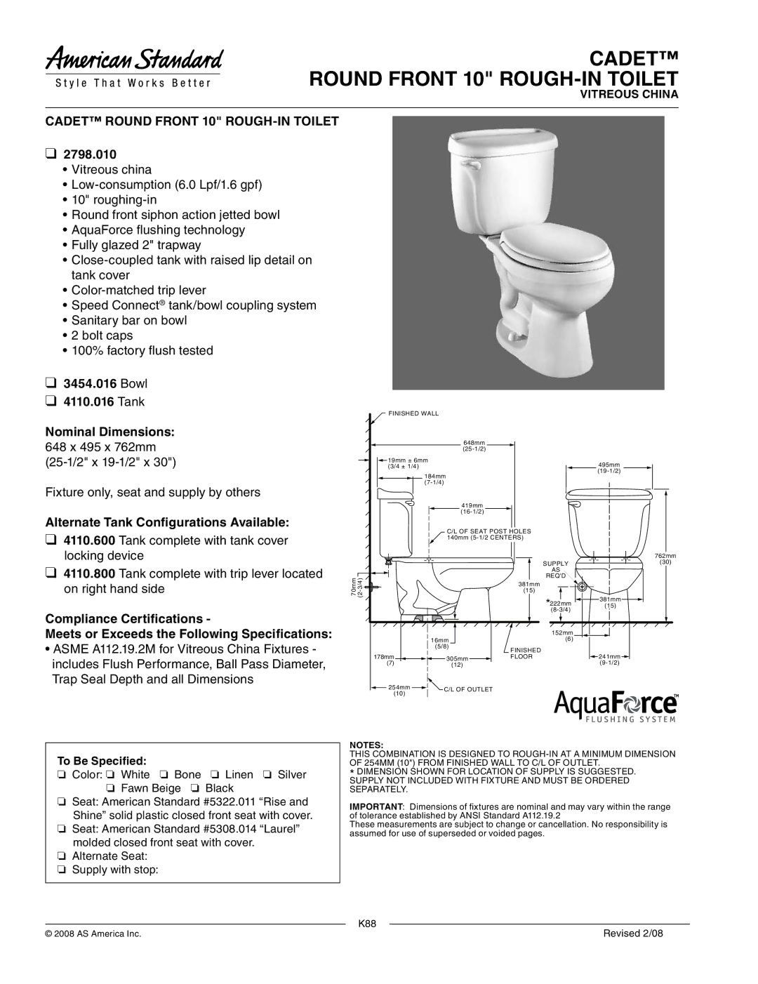 American Standard 2798.010 dimensions Cadet Round Front 10 ROUGH-IN Toilet, Bowl Tank Nominal Dimensions 