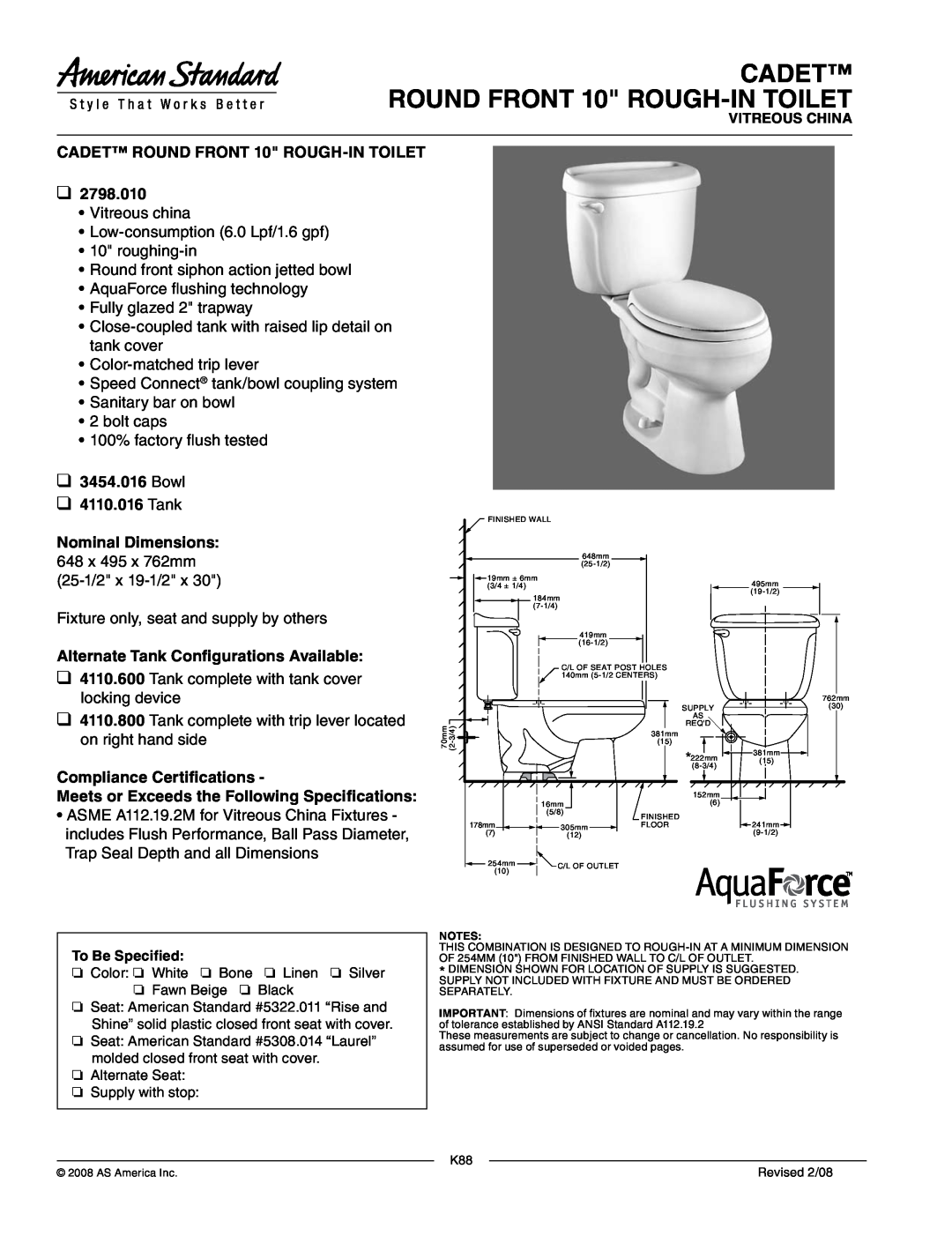 American Standard 2798.010 dimensions CADET ROUND FRONT 10 ROUGH-INTOILET, Bowl 4110.016 Tank, Nominal Dimensions 