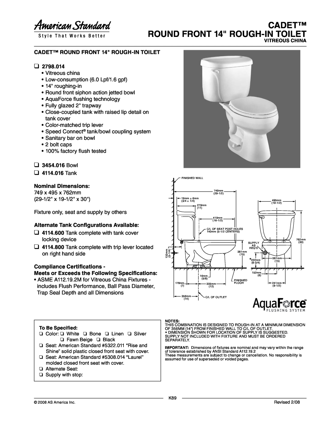 American Standard 2798.014 dimensions CADET ROUND FRONT 14 ROUGH-INTOILET, Bowl 4114.016 Tank, Nominal Dimensions 