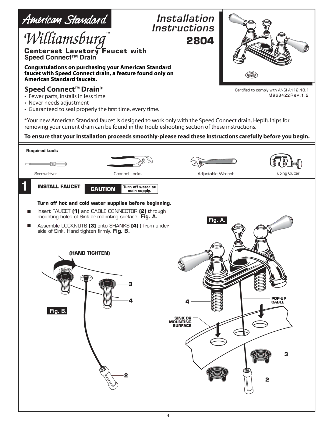 American Standard 2804 installation instructions Install Faucet, Turn off hot and cold water supplies before beginning 