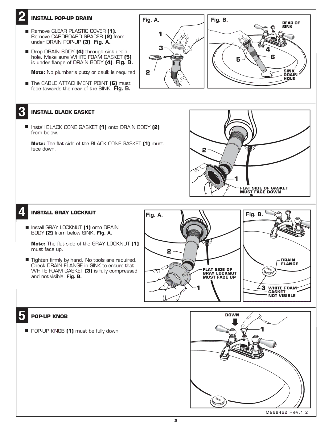 American Standard 2804 Install POP-UP Drain, Install Black Gasket, Install Gray Locknut, POP-UP Knob 