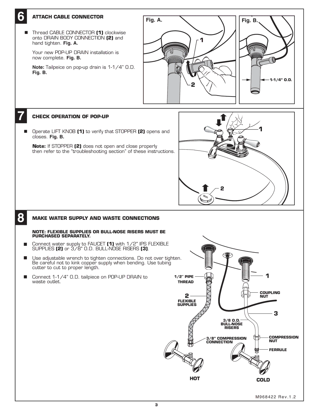 American Standard 2804 Attach Cable Connector, Check Operation of POP-UP, Make Water Supply and Waste Connections, Hotcold 