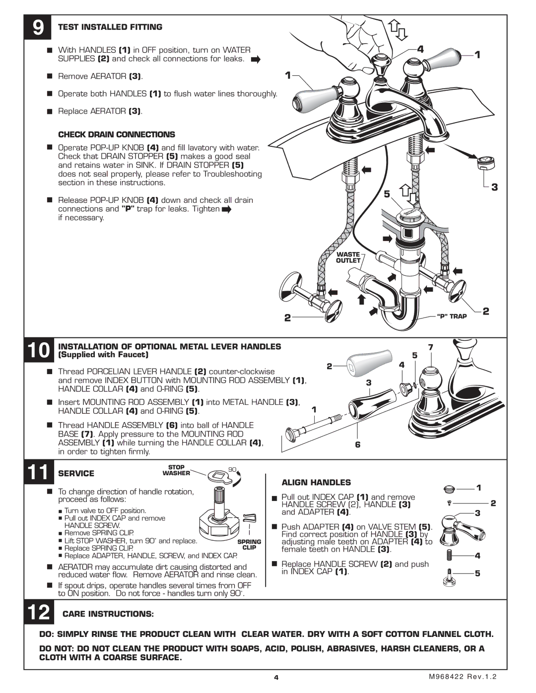 American Standard 2804 Test Installed Fitting, Check Drain Connections, Installation of Optional Metal Lever Handles 