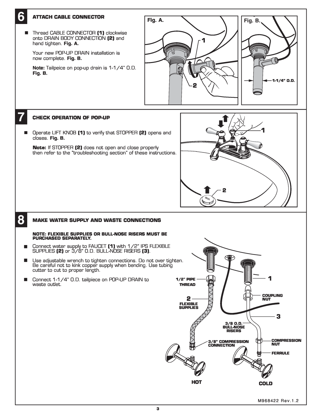 American Standard 2804 Attach Cable Connector, Fig. B, Check Operation Of Pop-Up, Make Water Supply And Waste Connections 