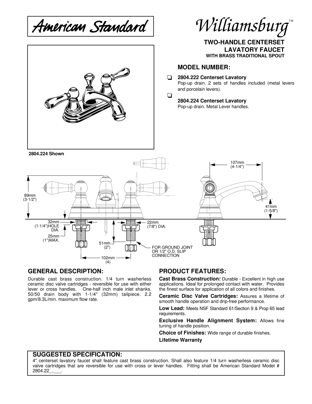 American Standard 2804.222, 2804.224 warranty Williamsburg T M 