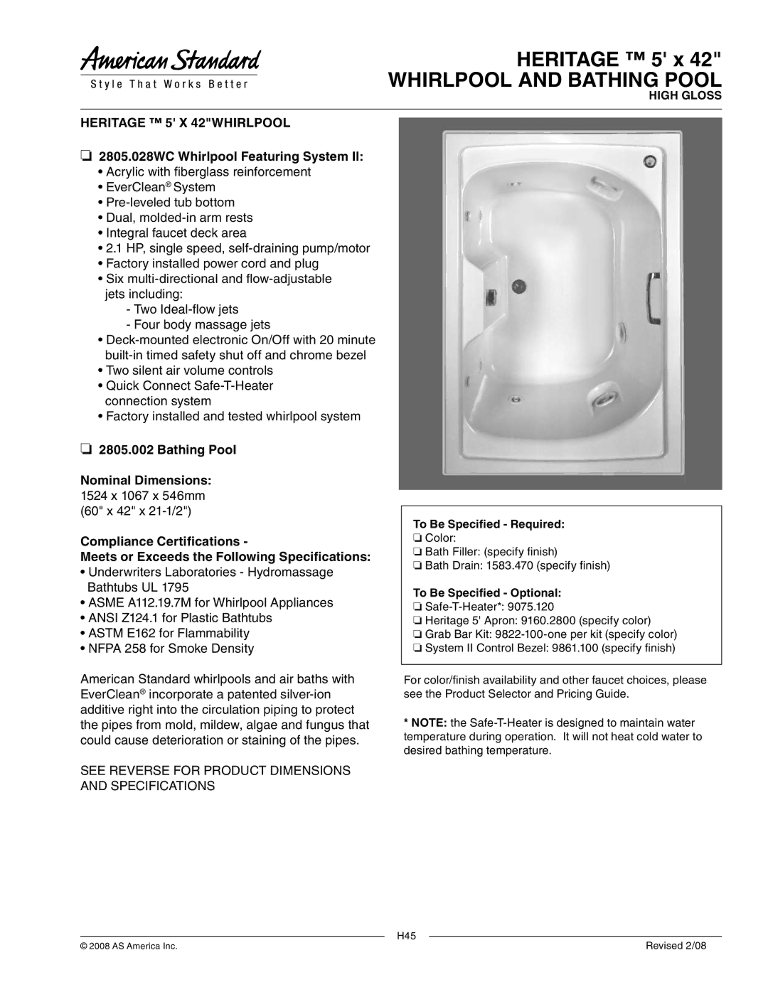 American Standard 2805.002 dimensions Whirlpool and Bathing Pool, Heritage 5 X 42WHIRLPOOL, To Be Specified Required 