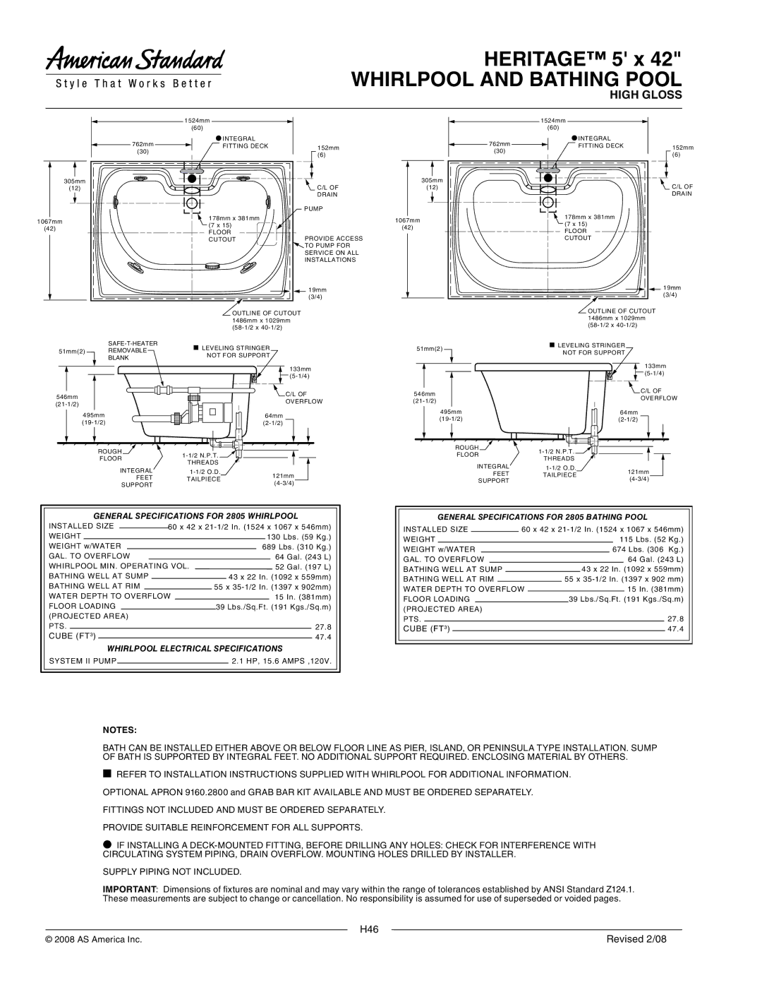 American Standard 2805.028WC General Specifications for 2805 Whirlpool, Cube FT3, Whirlpool Electrical Specifications 