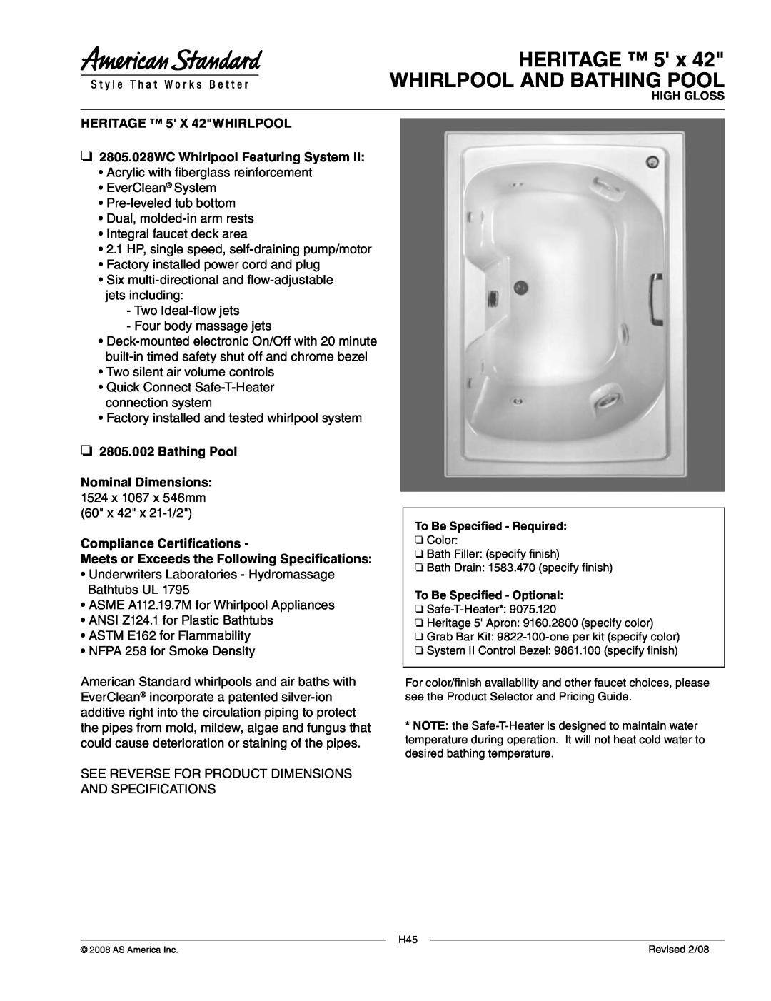 American Standard 2805.002 dimensions HERITAGE 5 x WHIRLPOOL AND BATHING POOL, HERITAGE 5 X 42WHIRLPOOL, Bathing Pool 