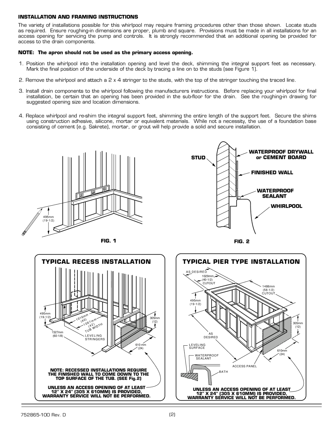 American Standard 2805E SERIES Installation and Framing Instructions, Waterproof Drywall, Stud, Finished Wall, Sealant 