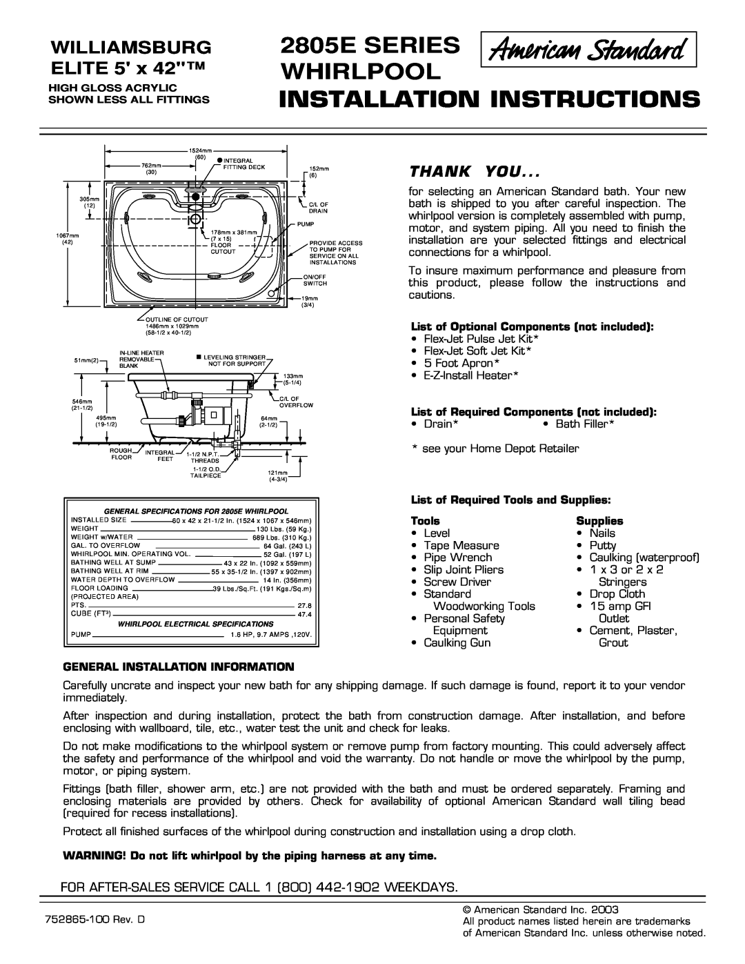 American Standard installation instructions 2805E SERIES WHIRLPOOL, Installation Instructions, WILLIAMSBURG ELITE 5 