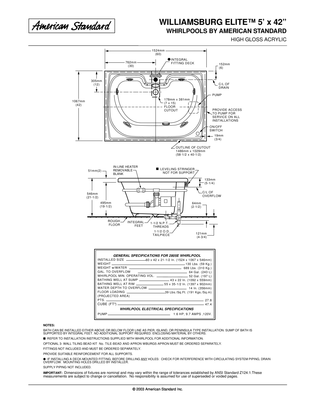 American Standard 2805EC WILLIAMSBURG ELITE 5’ x 42”, Whirlpools By American Standard, CUBE FT3, American Standard Inc 
